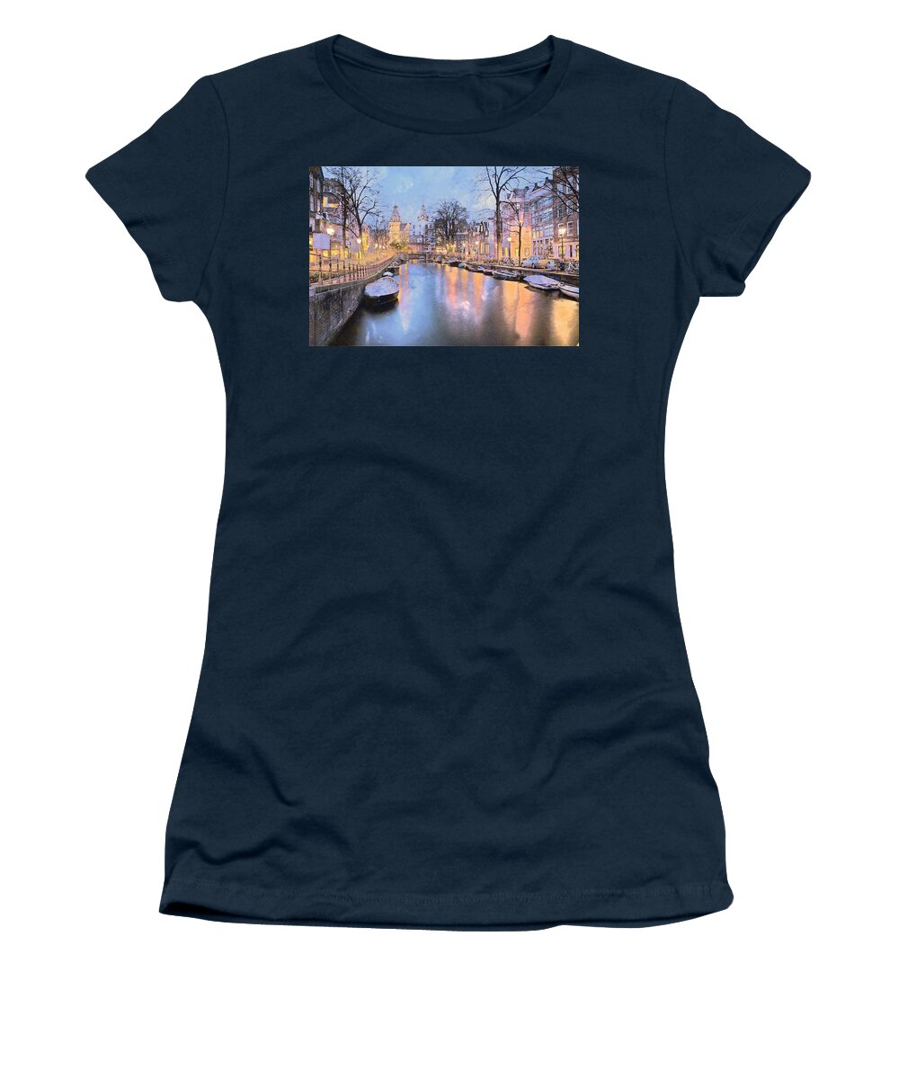Amsterdam Women's T-Shirt featuring the mixed media Winter Amsterdam by Alex Mir