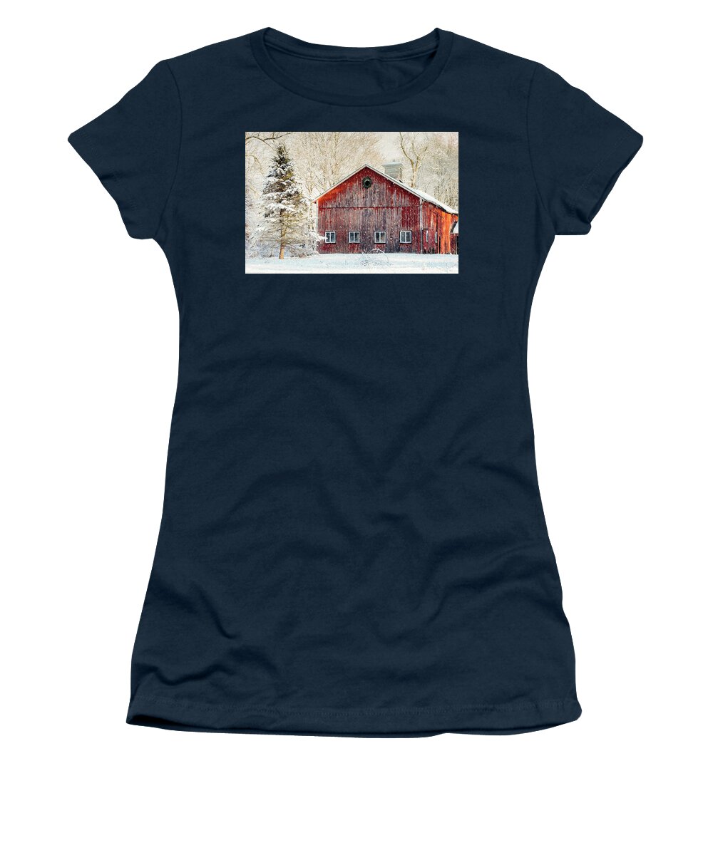 Red Women's T-Shirt featuring the photograph Winter Barn by Denise Kopko