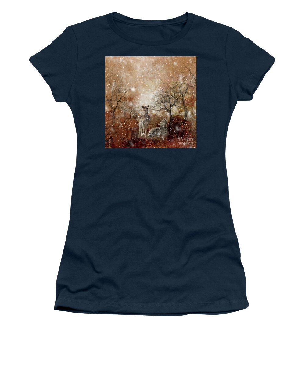 Deers Women's T-Shirt featuring the mixed media Winter Forest by Eva Lechner