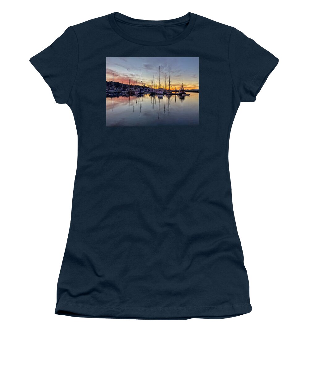 Golden Hour Women's T-Shirt featuring the photograph Winter Sunrise at the Poulsbo Marina 2022 by Jerry Abbott
