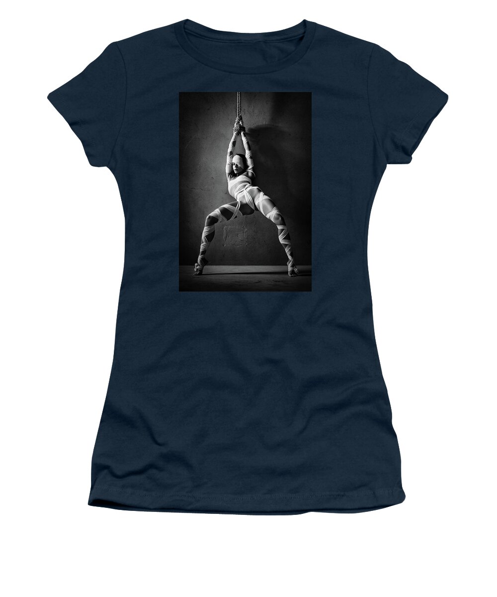 Woman Women's T-Shirt featuring the photograph Woman tied up in bandages by Johan Swanepoel