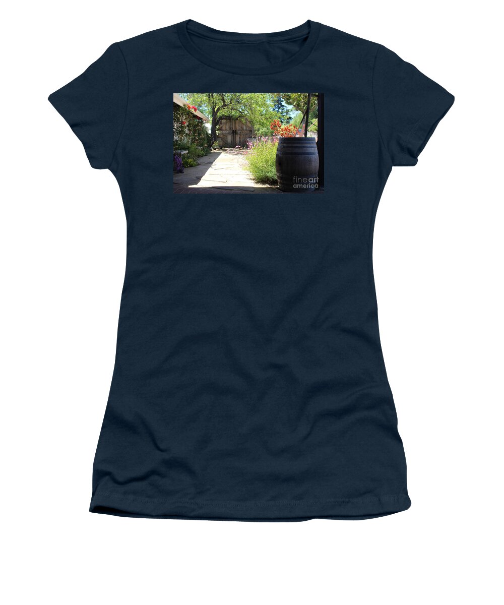 Wooden Barrel Women's T-Shirt featuring the photograph Wooden Barrel In Garden Solvang CA by Colleen Cornelius