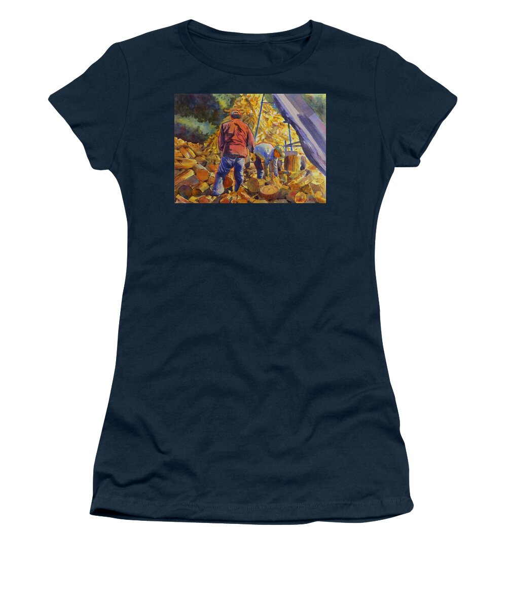 Summer Women's T-Shirt featuring the painting Working the Wood Supply by David Gilmore