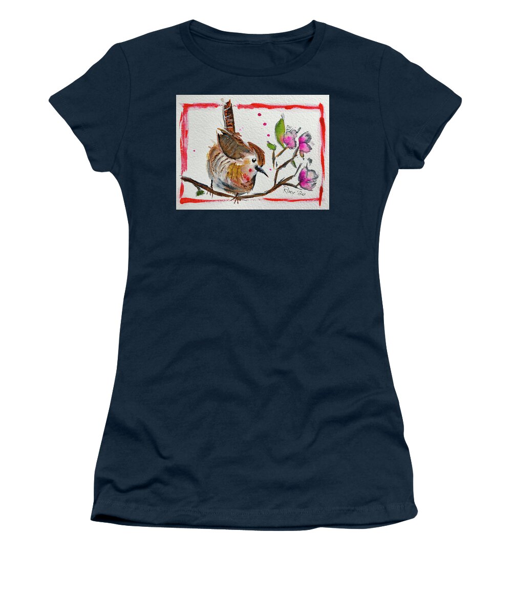 Wren Bird Women's T-Shirt featuring the painting Wren in a Cherry Blossom Tree by Roxy Rich