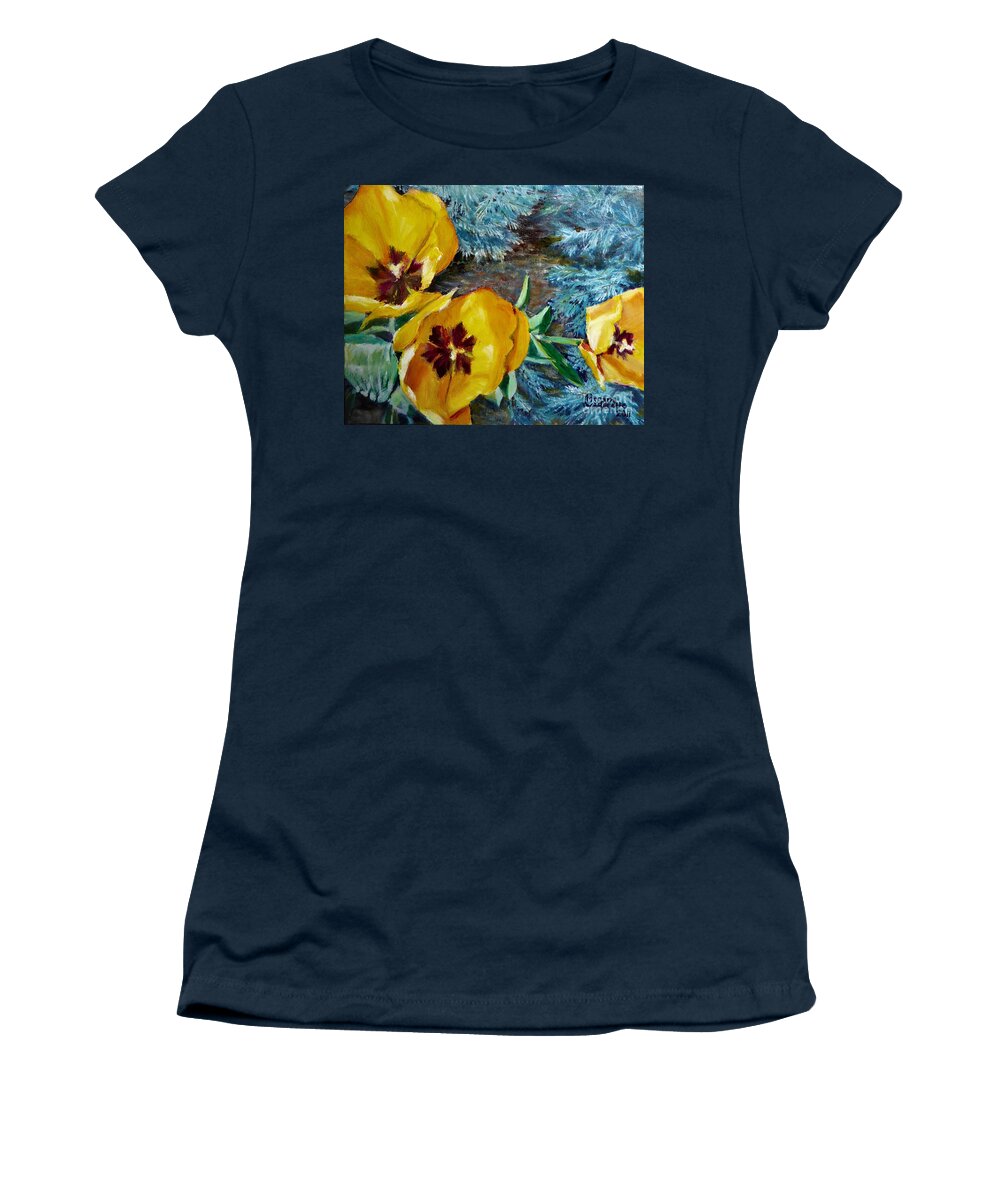 Yellow Women's T-Shirt featuring the painting Yellow Tulips by Merana Cadorette