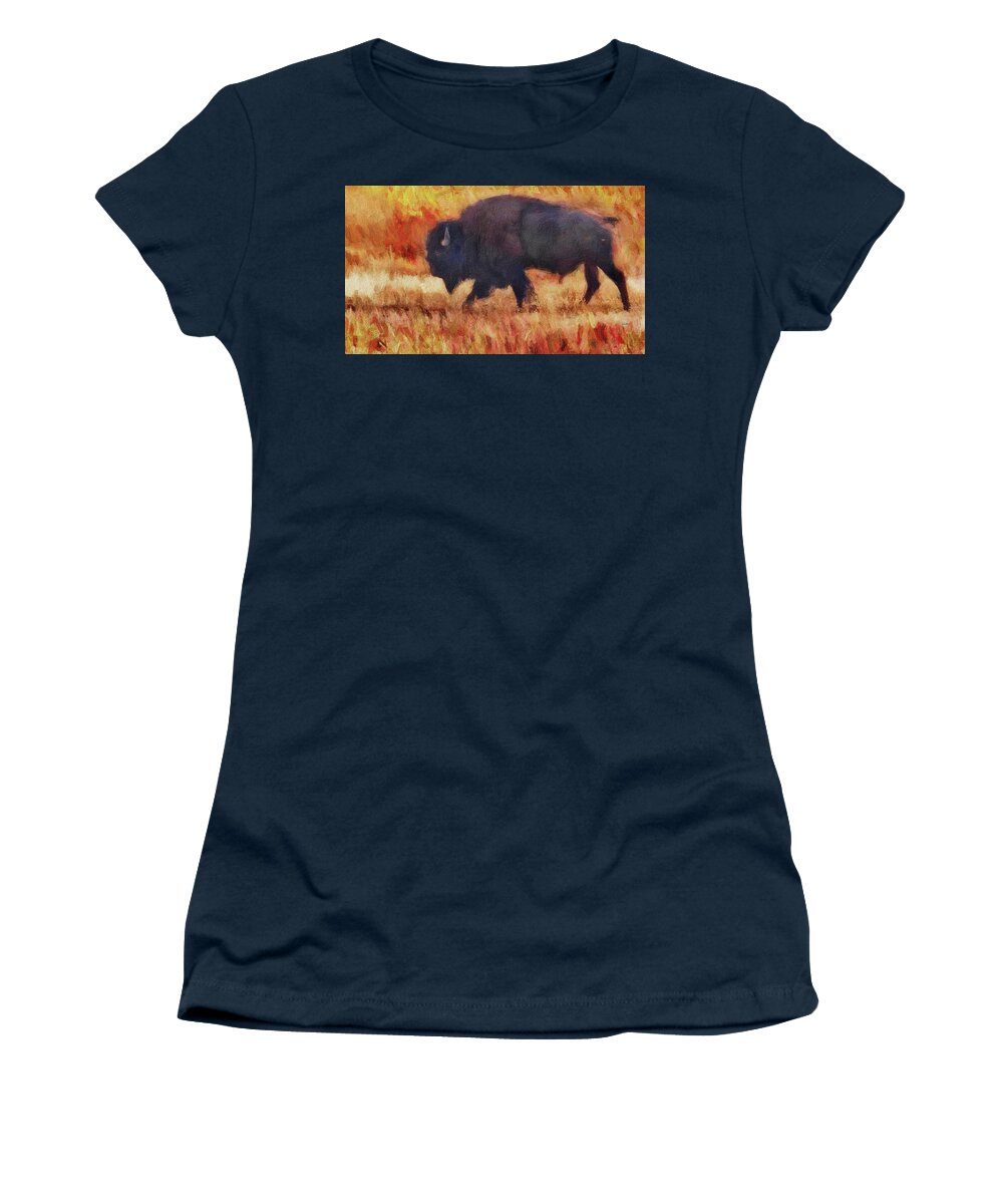 Buffalo Women's T-Shirt featuring the digital art Yellowstone Bison - Prehistoric by Russ Harris