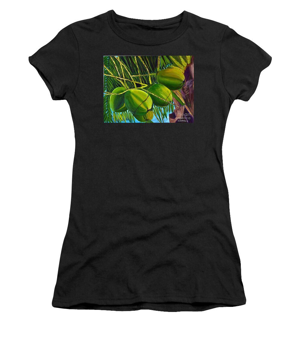 Coconuts Women's T-Shirt featuring the painting Coconuts at sunset by Laura Forde