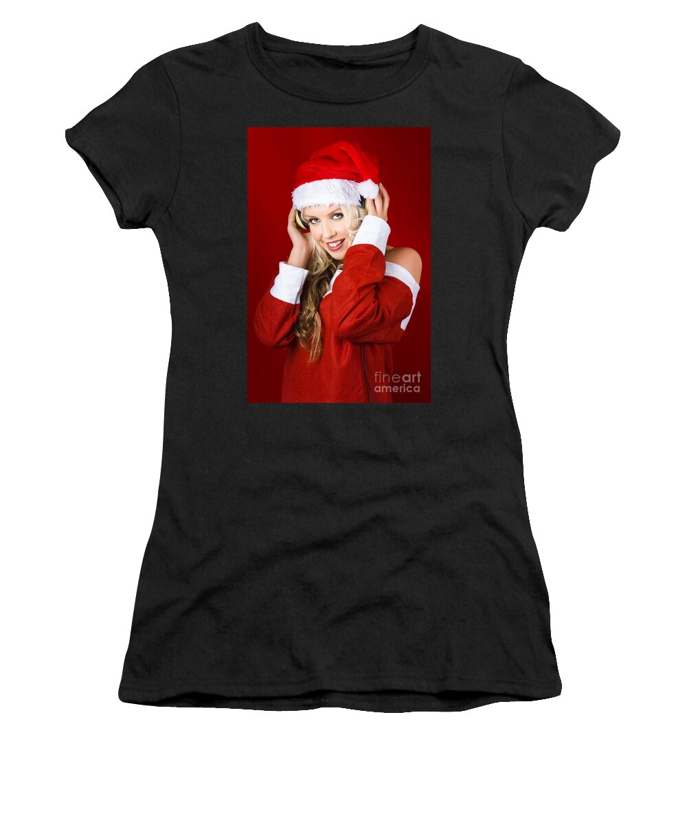 Christmas Women's T-Shirt featuring the photograph Happy Dj Christmas Girl Listening To Xmas Music by Jorgo Photography