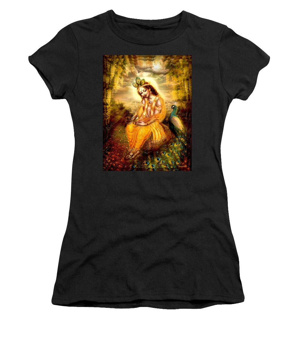Krishna Women's T-Shirt featuring the mixed media Krishna with the Peacock by Ananda Vdovic