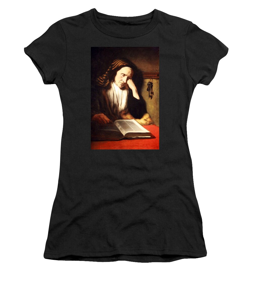 An Old Woman Dozing Over A Book Women's T-Shirt featuring the photograph Mae's An Old Woman Dozing Over A Book #1 by Cora Wandel