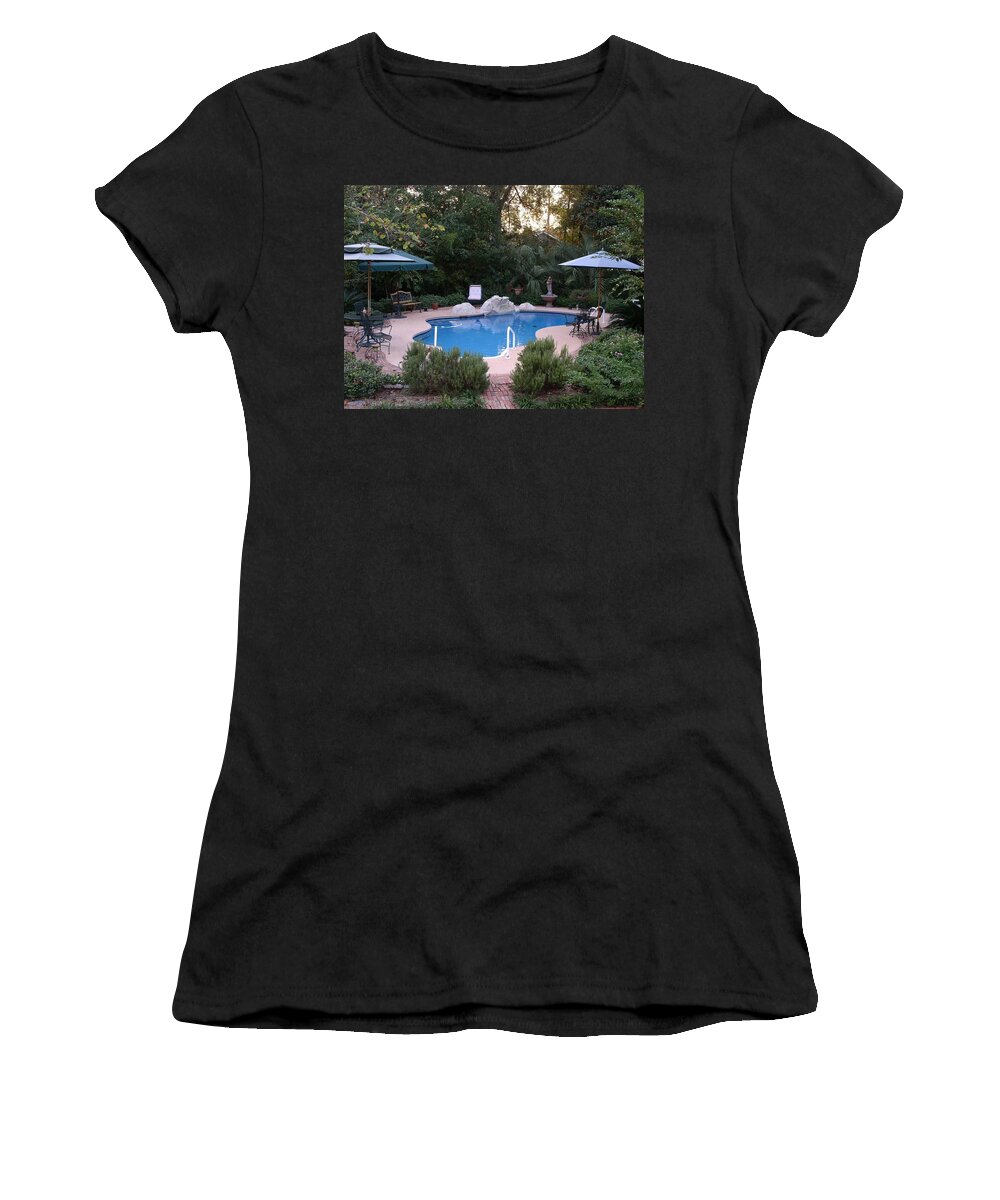 Poolside At The Barber-tucker House Women's T-Shirt featuring the photograph Poolside at the Barber Tucker House #1 by Cleaster Cotton