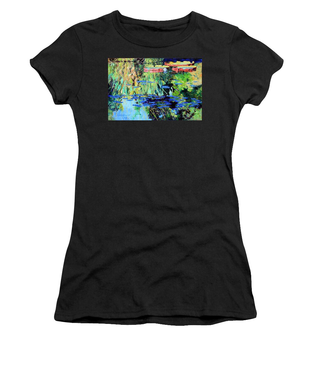 Garden Pond Women's T-Shirt featuring the painting Summer Colors on the Pond #2 by John Lautermilch