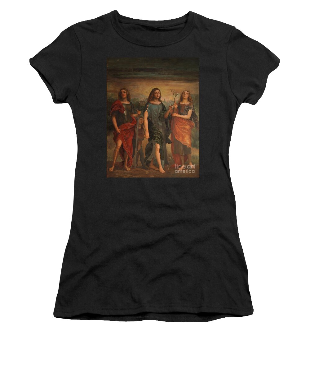 The Three Archangels Women's T-Shirt featuring the painting The Three Archangels by Matteo TOTARO
