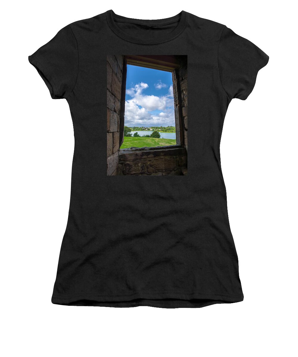 Scotland Women's T-Shirt featuring the photograph Window in Linlithgow Palace with view to a beautiful scottish landscape by Andreas Berthold