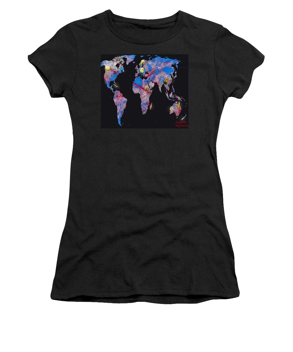 Augusta Stylianou Women's T-Shirt featuring the digital art World Map and Aries Constellation by Augusta Stylianou