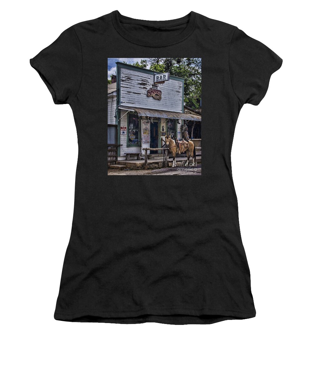 11th Street Cowboy Bar Women's T-Shirt featuring the photograph 11th Street Cowboy Bar in Bandera Texas by Priscilla Burgers