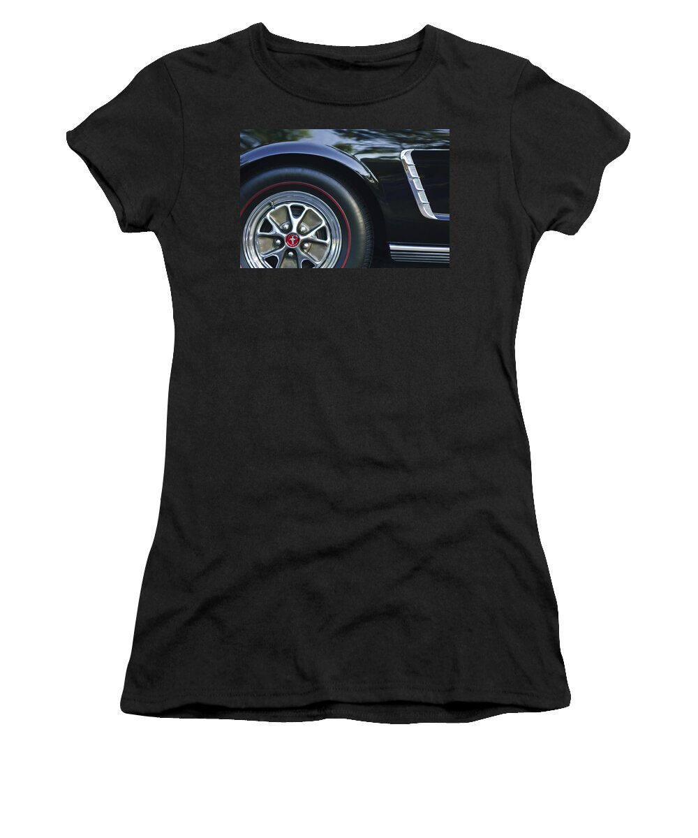1965 Shelby Prototype Ford Mustang Wheel Women's T-Shirt featuring the photograph 1965 Shelby Prototype Ford Mustang Wheel Emblem -0396c by Jill Reger