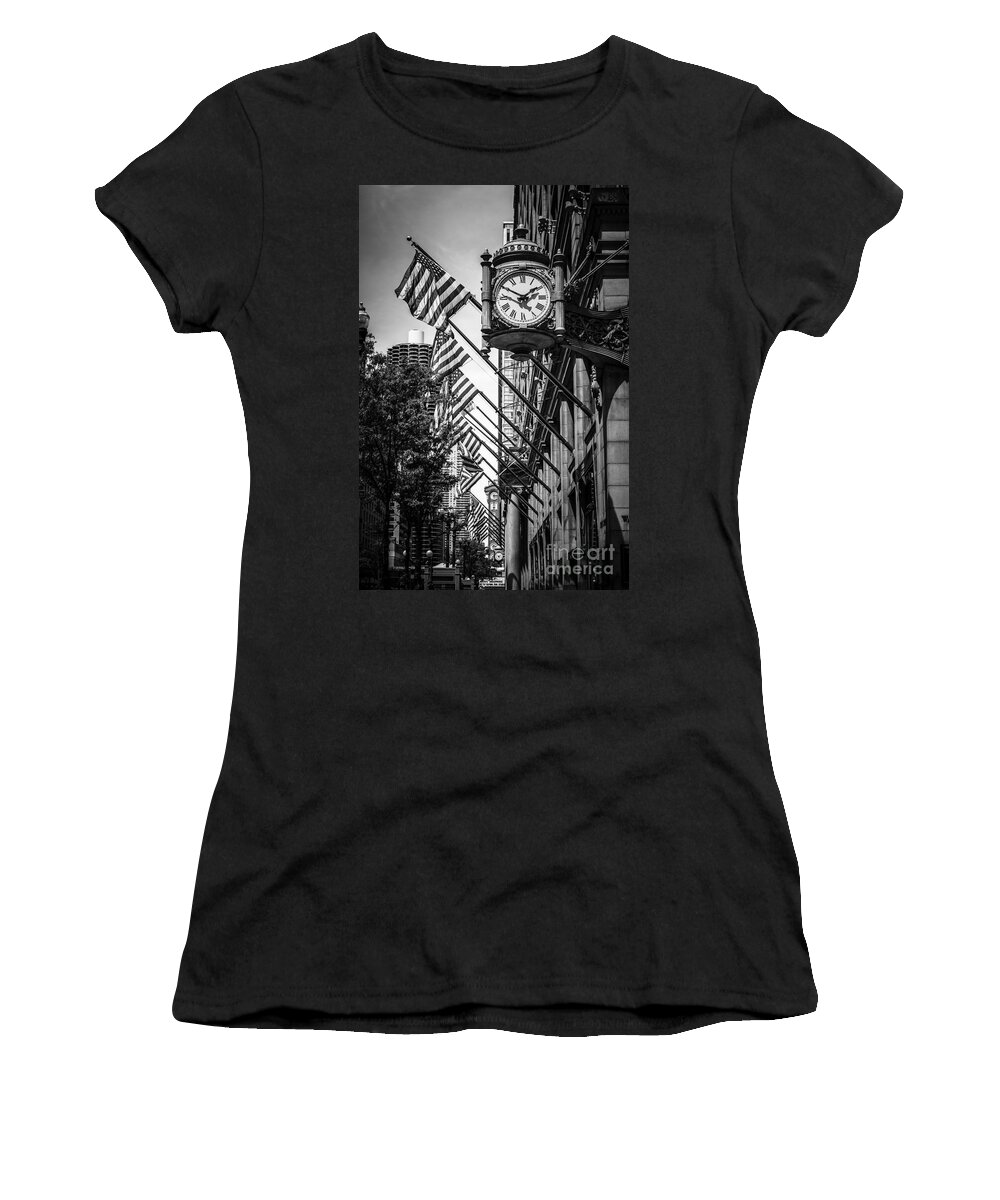 America Women's T-Shirt featuring the photograph Chicago Macy's Clock in Black and White #2 by Paul Velgos