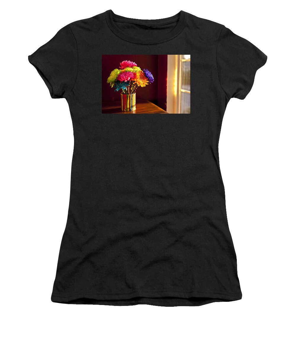 Art Women's T-Shirt featuring the photograph Multicolored Chrysanthemums in paint can #2 by Jim Corwin