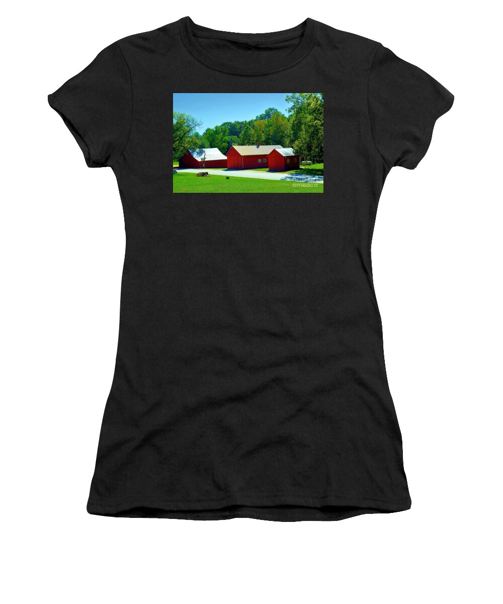Three Red Barns Women's T-Shirt featuring the photograph Three Red Barns #2 by Luther Fine Art