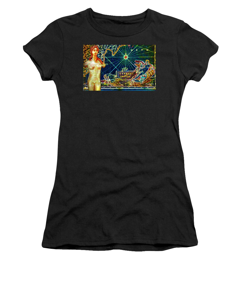 Augusta Stylianou Women's T-Shirt featuring the digital art Ancient Cyprus Map and Aphrodite by Augusta Stylianou