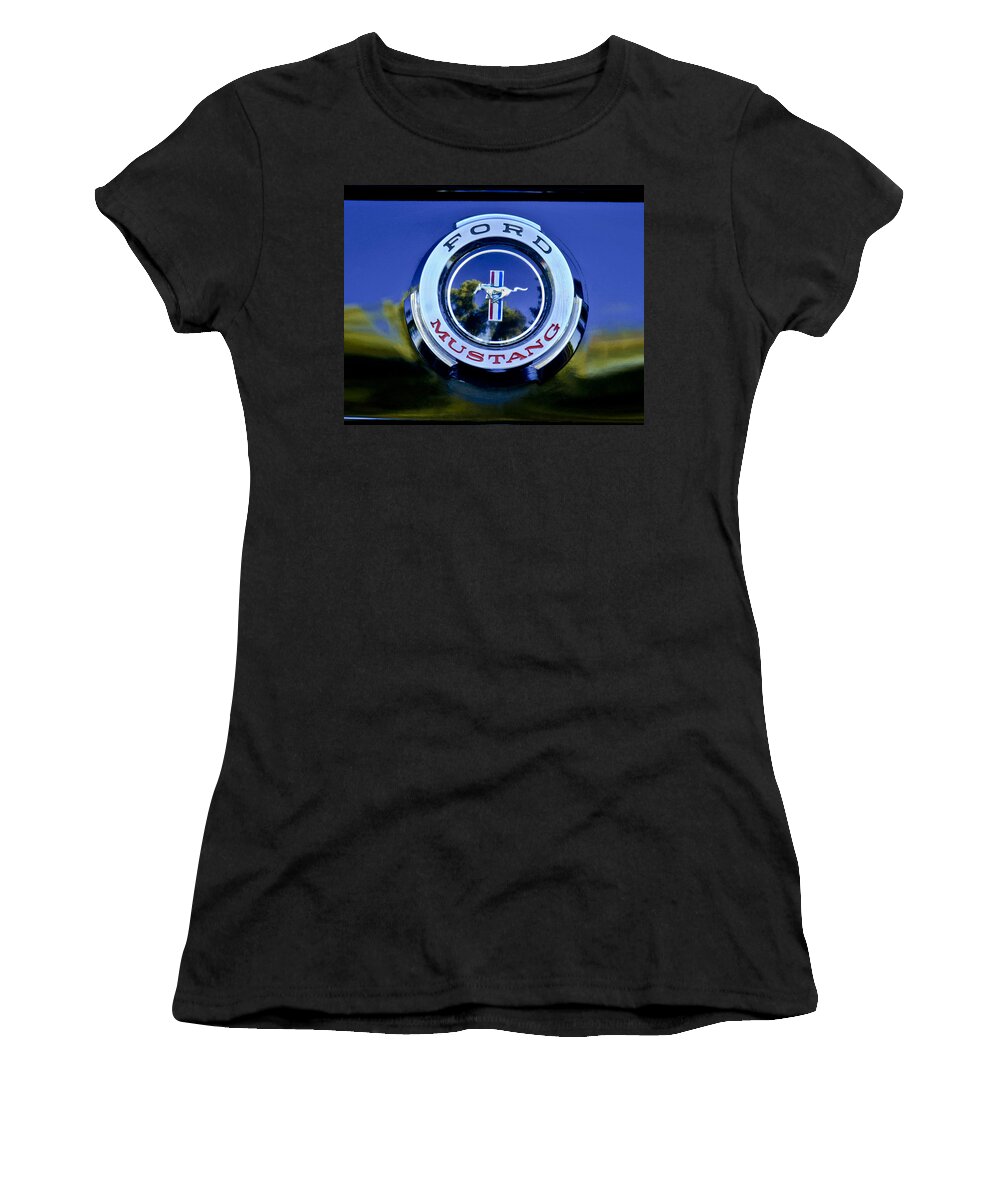 1965 Ford Mustang Women's T-Shirt featuring the photograph 1965 Shelby prototype Ford Mustang Emblem by Jill Reger
