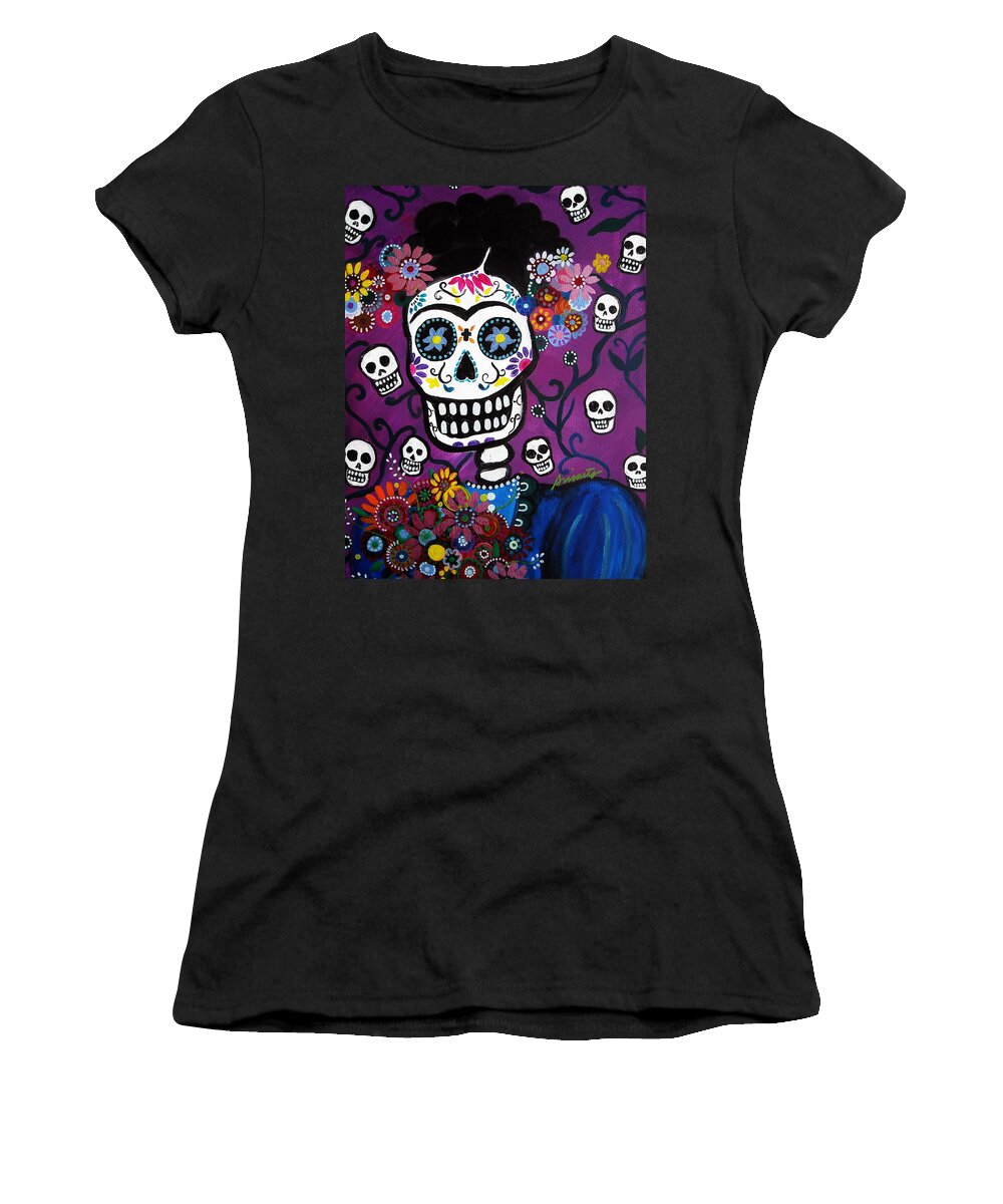 Dia Women's T-Shirt featuring the painting Frida Dia De Los Muertos #4 by Pristine Cartera Turkus