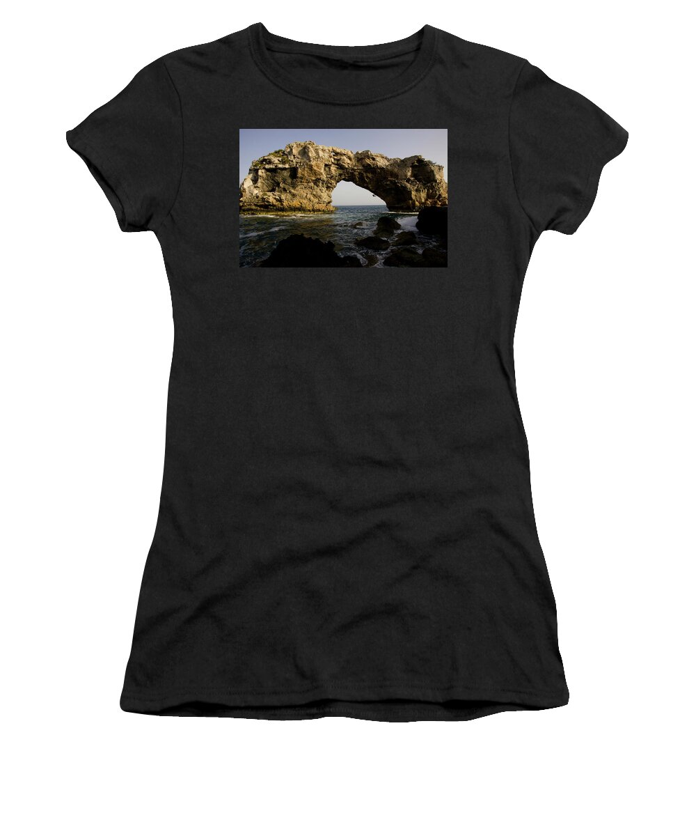 Action Women's T-Shirt featuring the photograph A Man Rock Climbing Deep Water Soloing by Corey Rich
