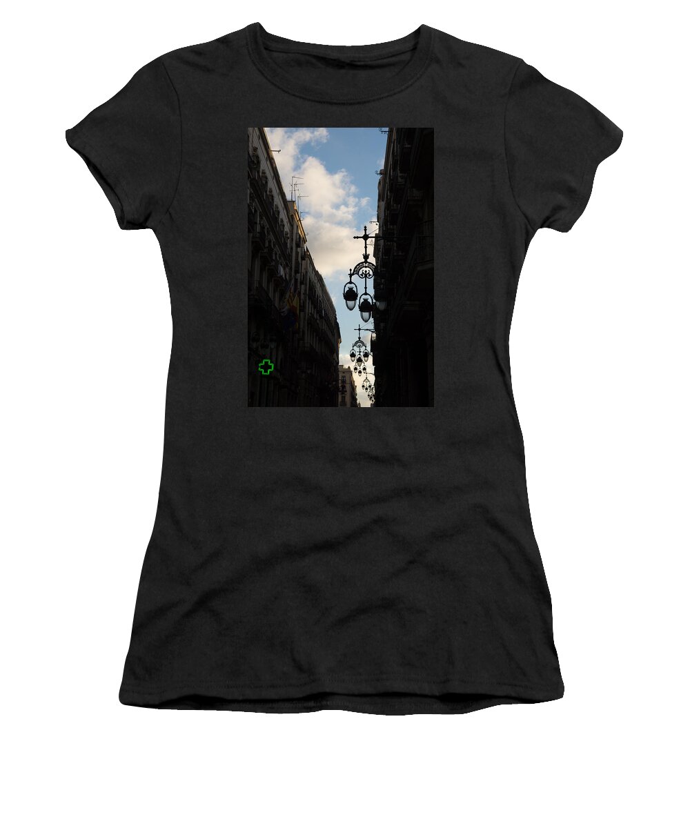 Streetlamp Women's T-Shirt featuring the photograph A Necklace of Barcelona Streetlamps by Georgia Mizuleva