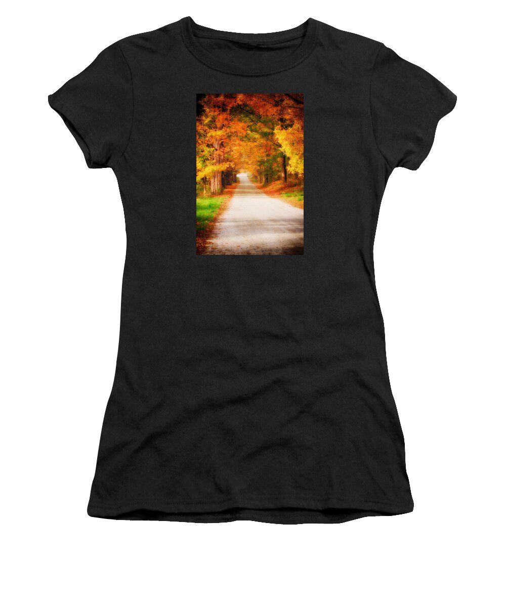 Autumn Foliage New England Women's T-Shirt featuring the photograph A walk along the golden path by Jeff Folger