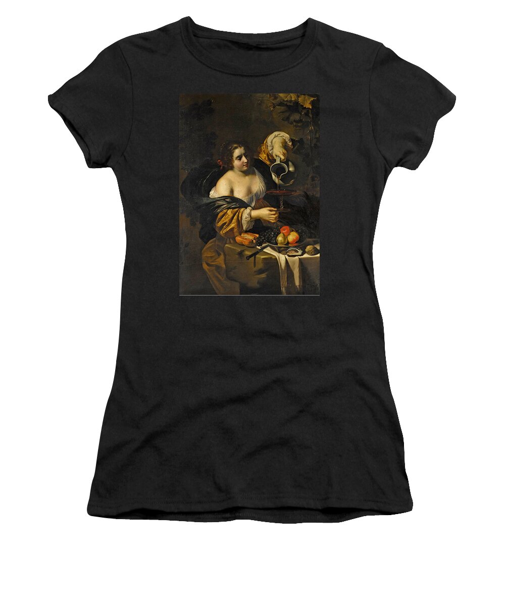 Nicolas Regnier Women's T-Shirt featuring the painting A young woman pouring red wine from a pitcher into a glass by Nicolas Regnier