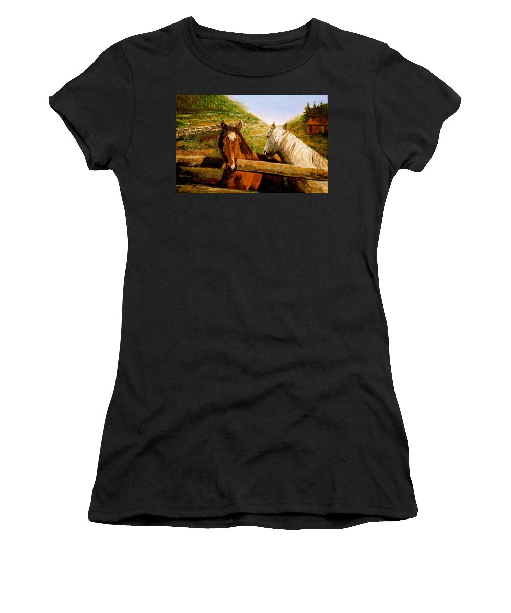 Canadian Sher Nasser Artist Painter Women's T-Shirt featuring the painting Alberta Horse Farm by Sher Nasser