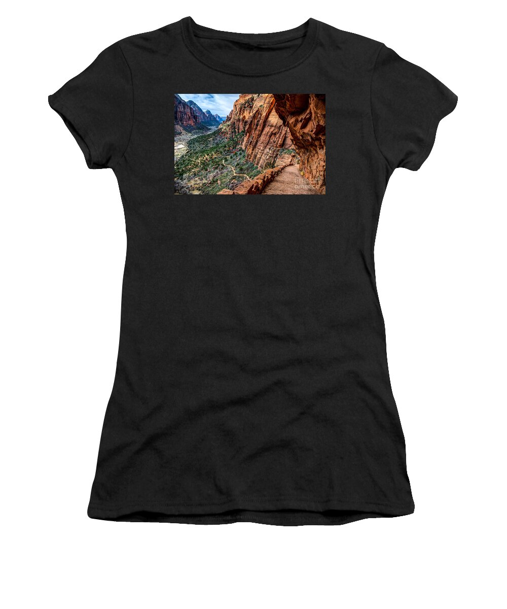 Angels Landing Women's T-Shirt featuring the photograph Angels Landing Trail from High Above Zion Canyon Floor by Gary Whitton