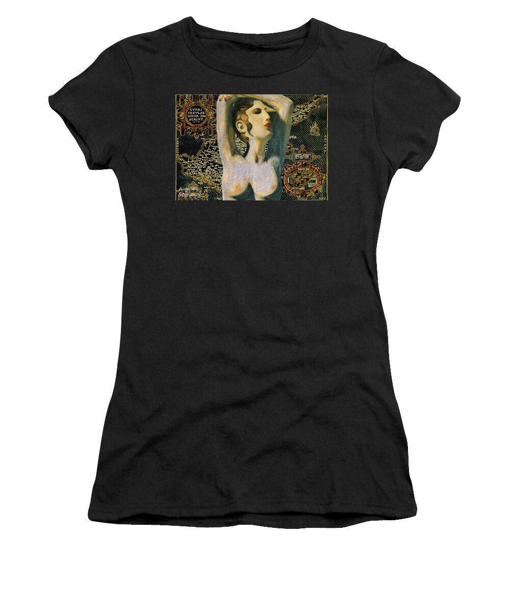 Augusta Stylianou Women's T-Shirt featuring the digital art Aphrodite and Ancient Cyprus Map by Augusta Stylianou
