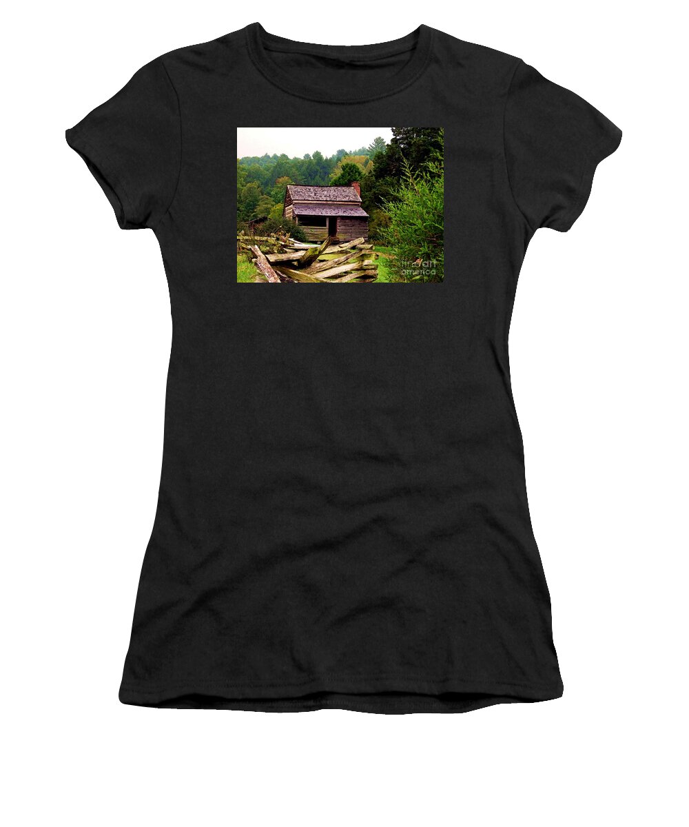Appalachian Cabin Women's T-Shirt featuring the photograph Appalachian Cabin with Fence by Desiree Paquette