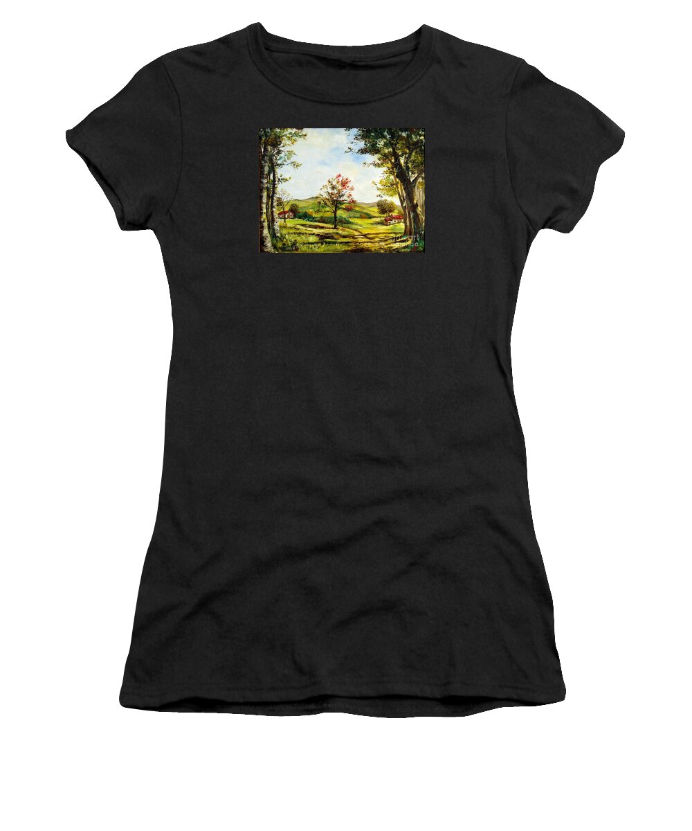 Landscape Women's T-Shirt featuring the painting Autumn Road by Lee Piper