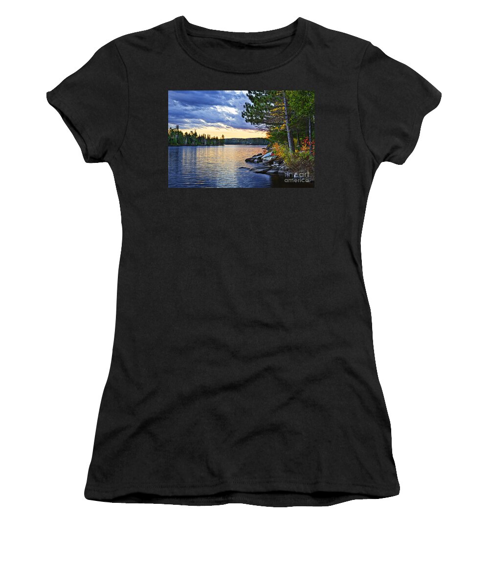 Sunset Women's T-Shirt featuring the photograph Autumn sunset at lake by Elena Elisseeva