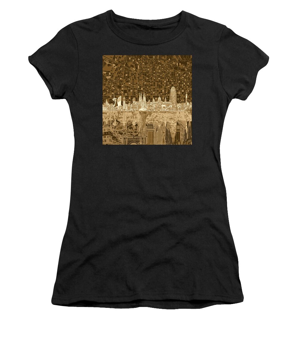 Barcelona Women's T-Shirt featuring the painting Barcelona Skyline Abstract 3 by Bekim M