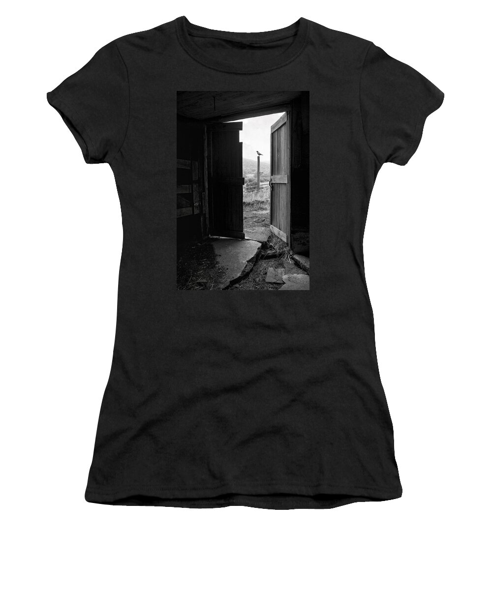 Black And White Women's T-Shirt featuring the photograph Barn Door - View from within - Old barn picture by Gary Heller
