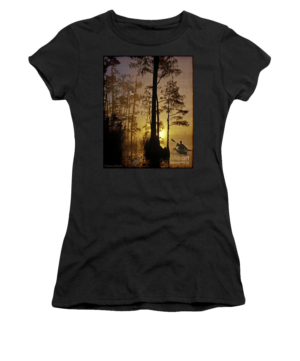 Bayou Women's T-Shirt featuring the digital art Bayou Sunrise by Lianne Schneider