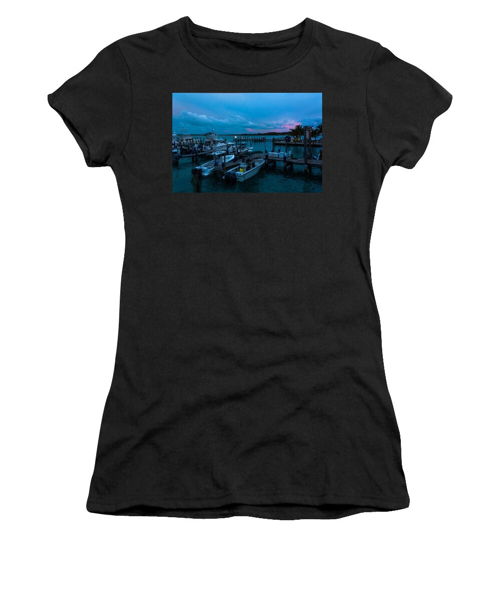 Alice Women's T-Shirt featuring the photograph Bimini Big Game Club Docks After Sundown by Ed Gleichman
