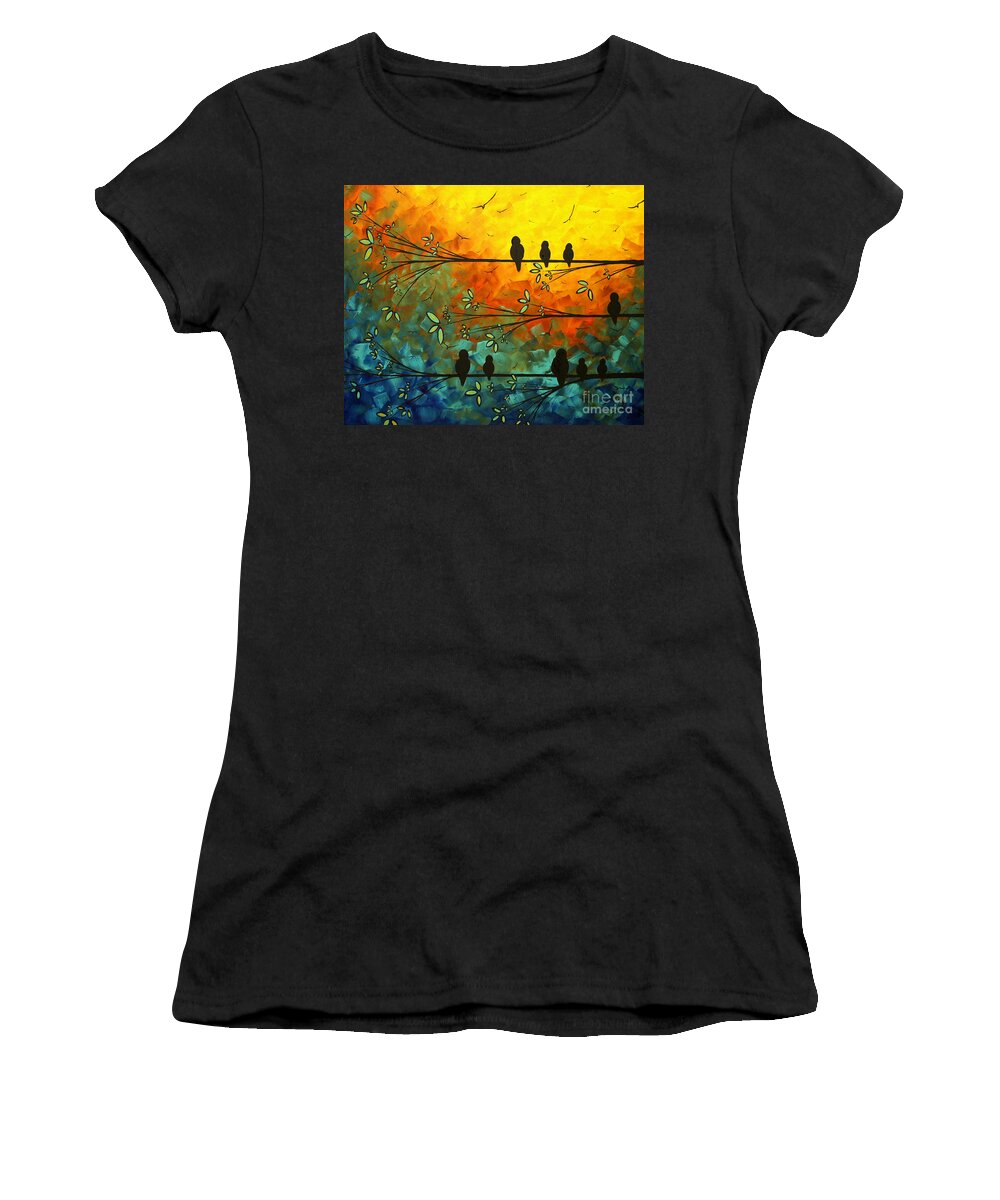 Painting Women's T-Shirt featuring the painting Birds of a Feather Original Whimsical painting by Megan Aroon