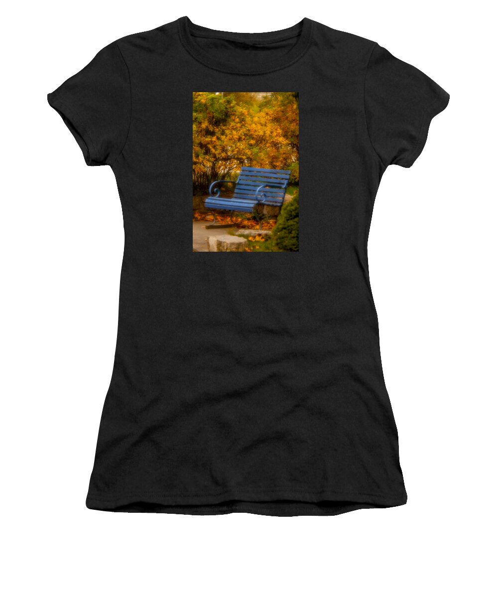 Bench Women's T-Shirt featuring the photograph Blue Bench - Autumn - Deer Isle - Maine by David Smith