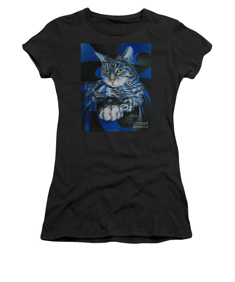 Cat Women's T-Shirt featuring the painting Blue Feline Geometry by Pamela Clements