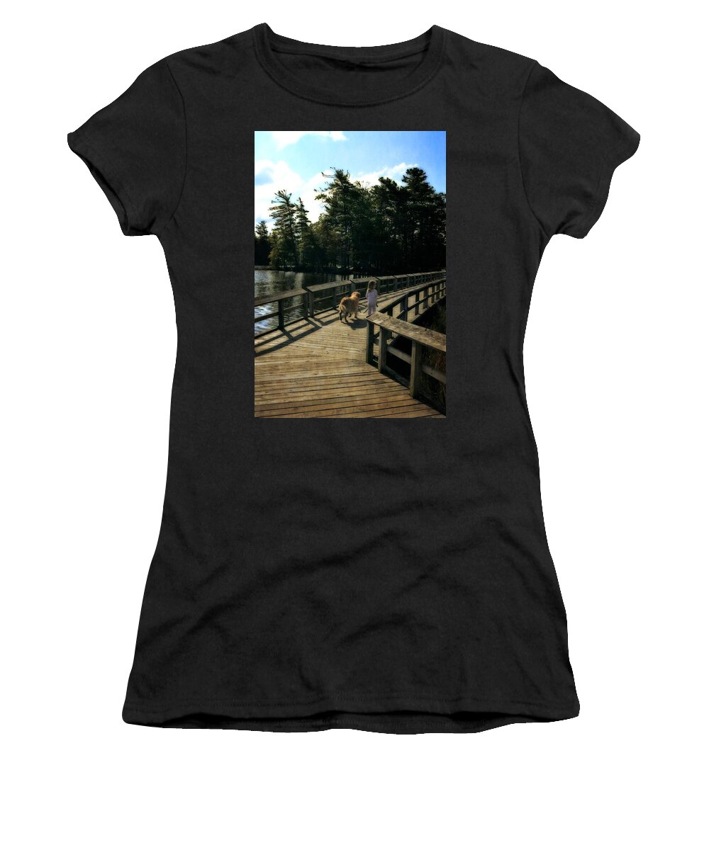 Golden Retrievers Women's T-Shirt featuring the photograph Boardwalking by Michelle Calkins