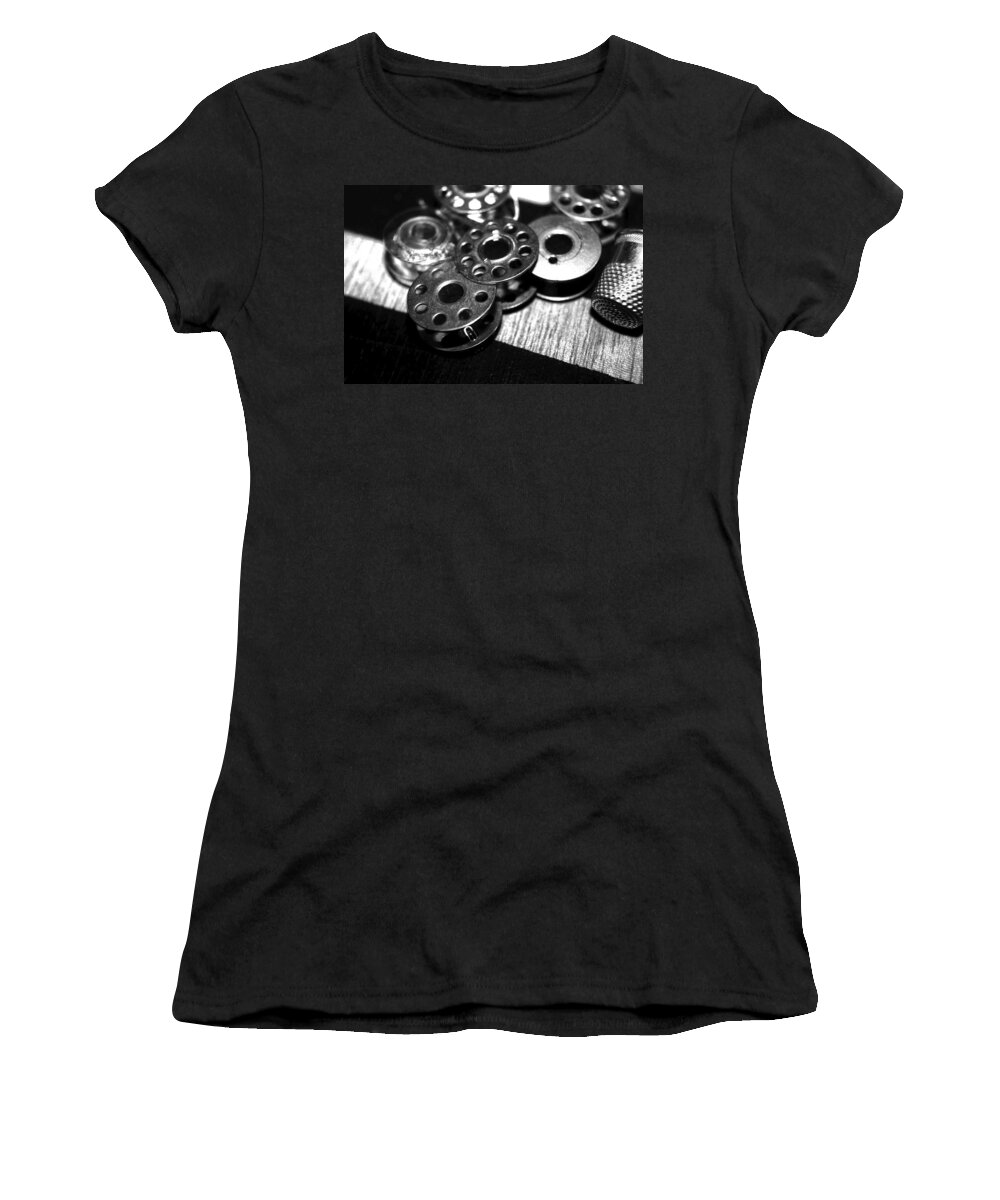 Vintage Sewing Machine Accessories Women's T-Shirt featuring the photograph Bobbins 2 BW by Lesa Fine