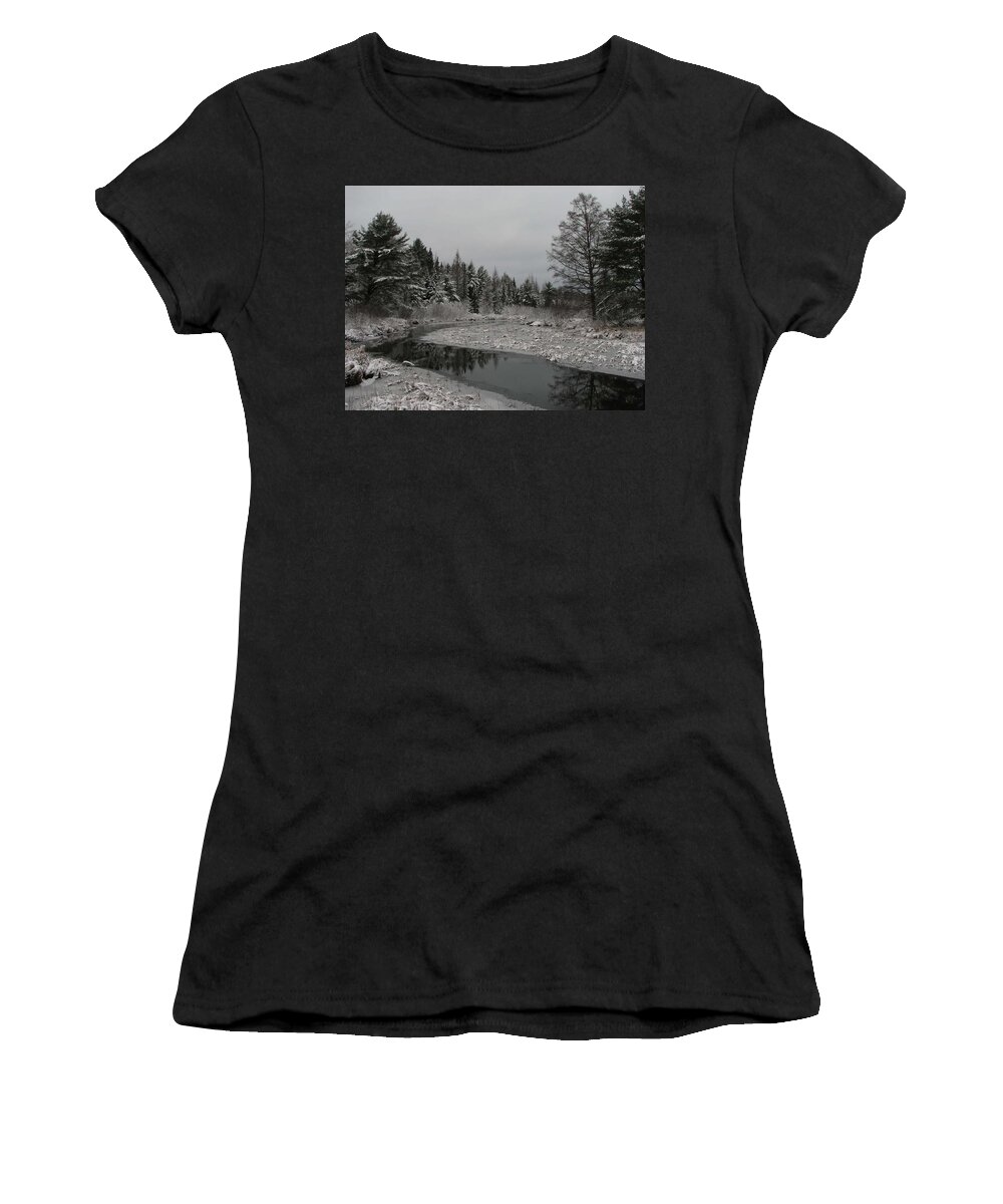 Black And White Women's T-Shirt featuring the photograph Boot Creek Ice Over by Dale Kauzlaric
