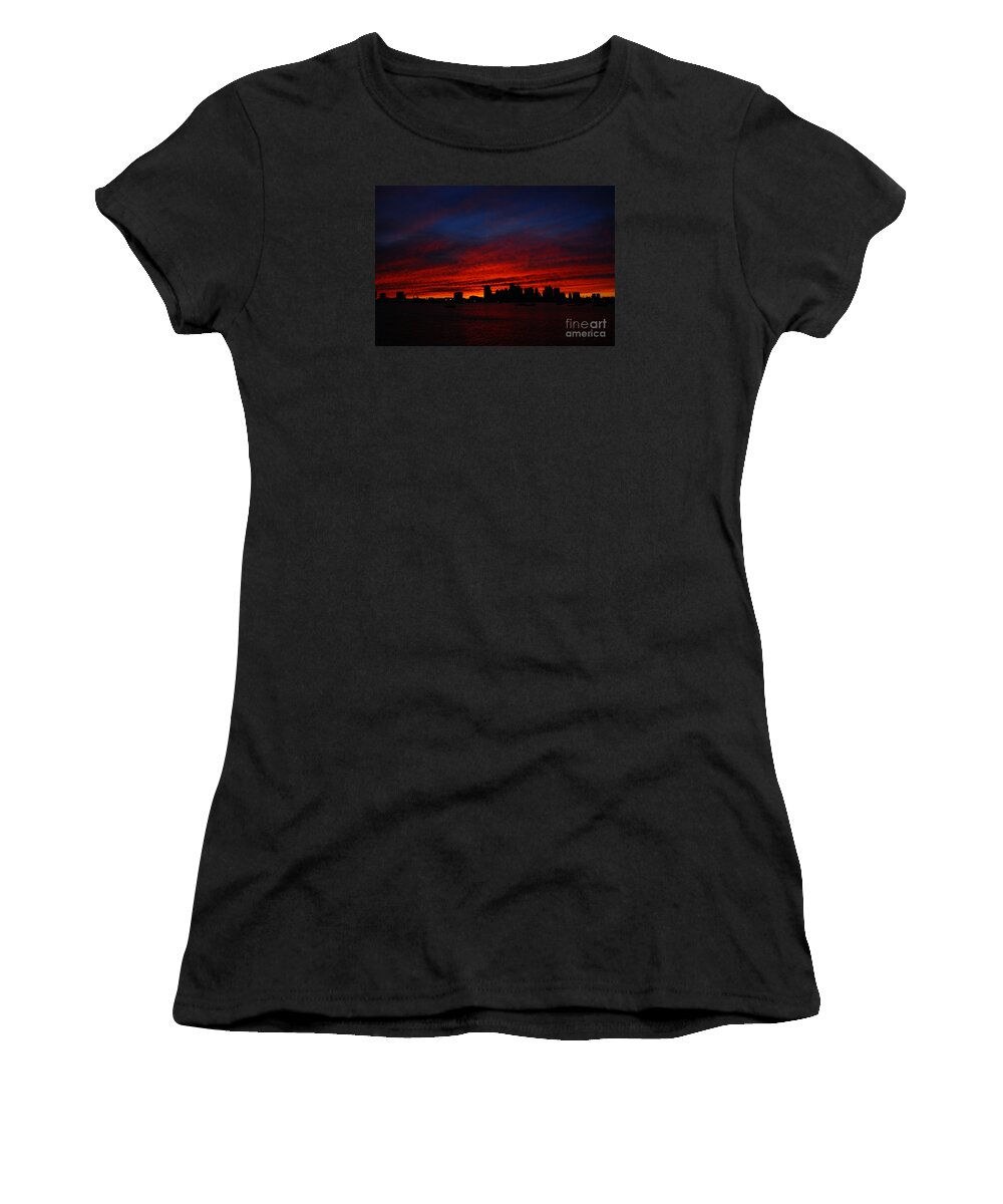 Boston City Skyline Massachusetts Dusk Twilight Sunset Usa Harbour Harbor Women's T-Shirt featuring the photograph Boston Twilight by Richard Gibb