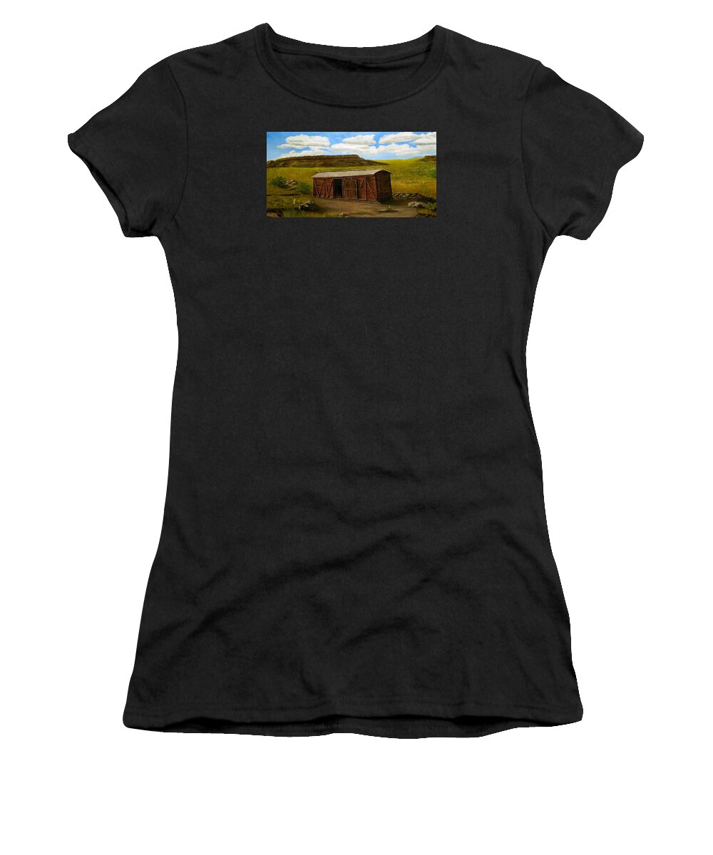 Boxcar Women's T-Shirt featuring the painting Boxcar on the Plains by Sheri Keith