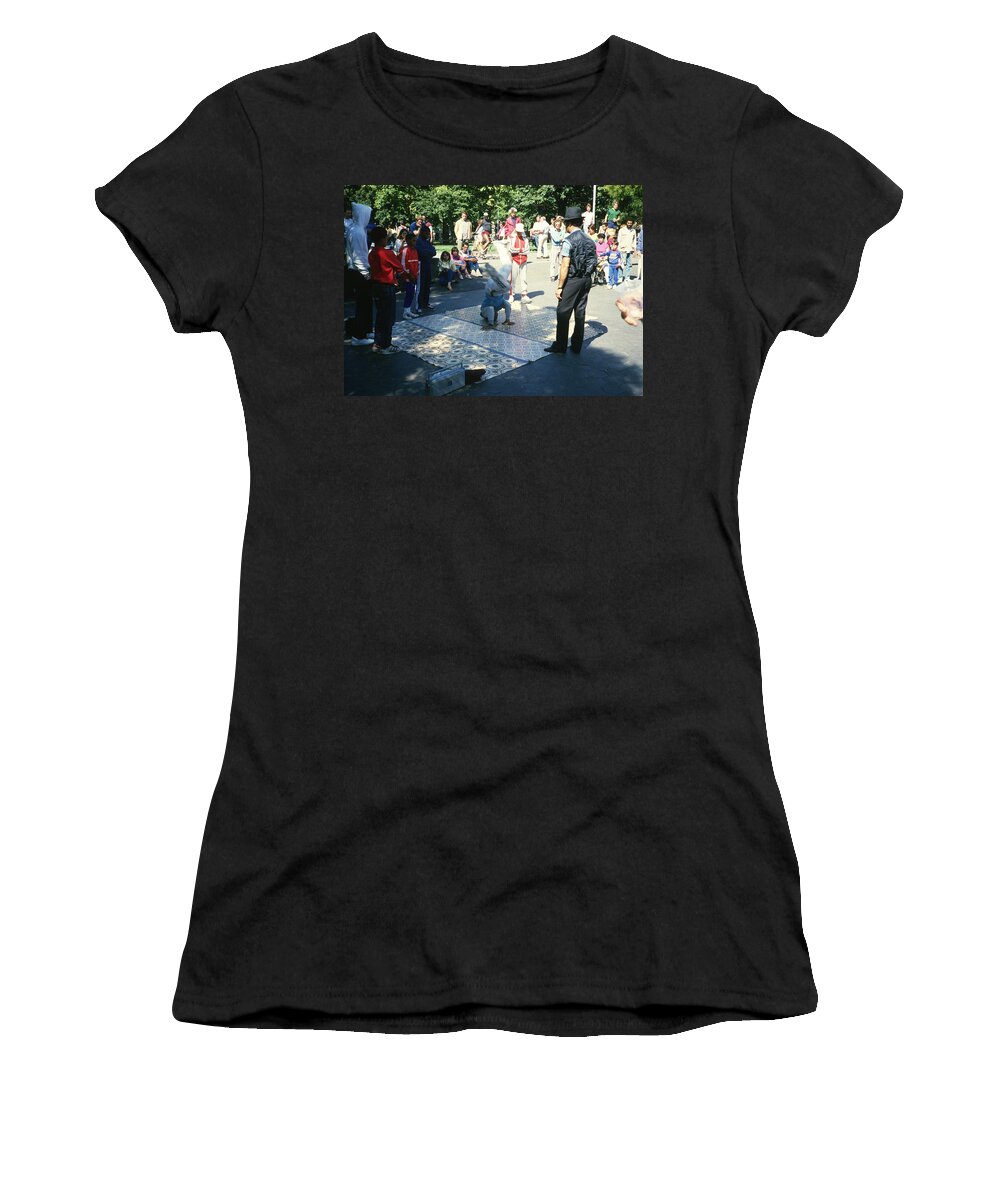 Break Dancing Women's T-Shirt featuring the photograph Break Dancing in Washington Square Park in 1984 by Gordon James